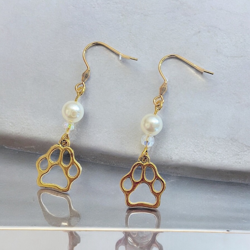 Gold plated dog paw hook dangle earrings faux pearl beads women pets